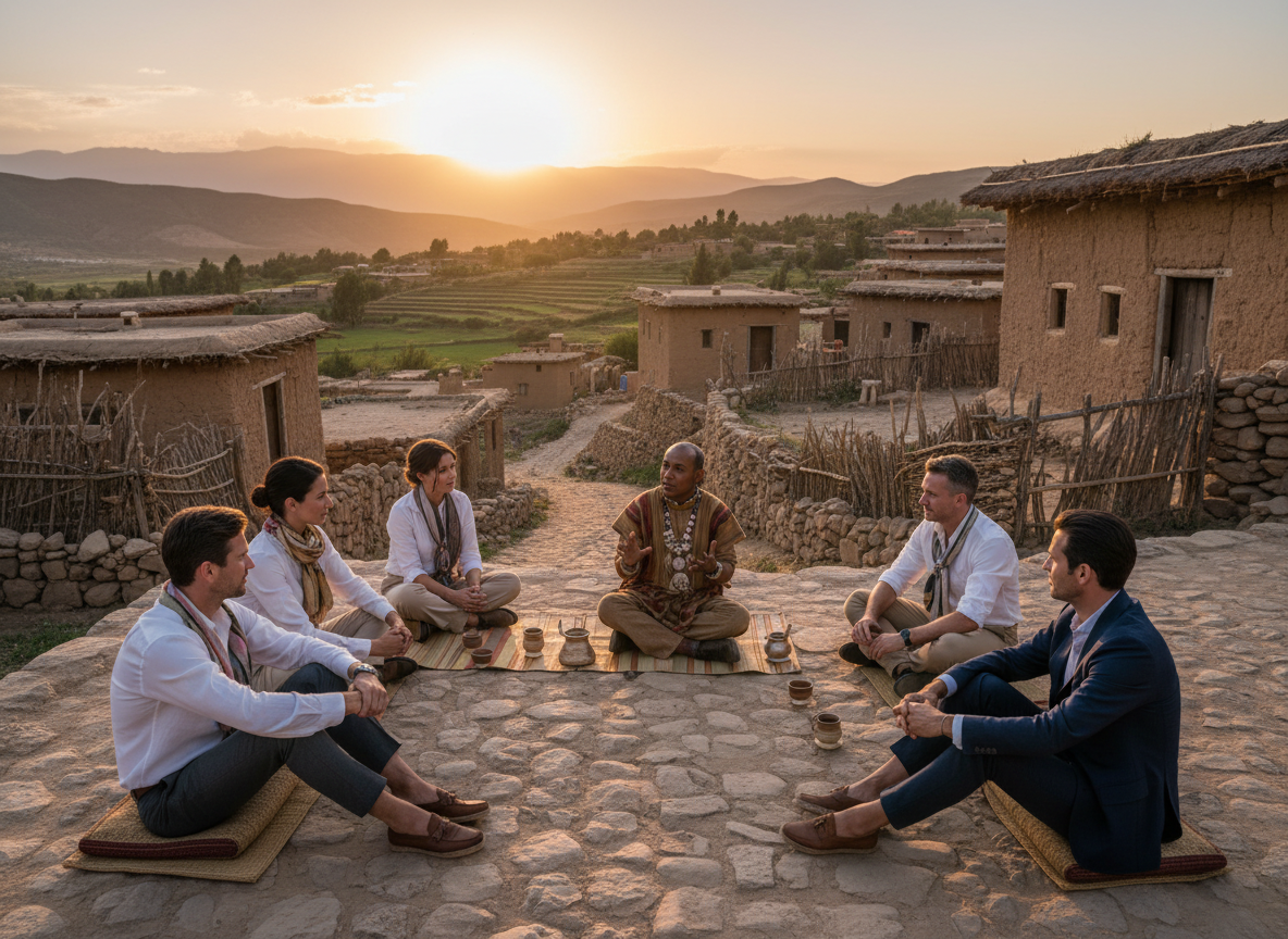 Boutique travel group listening to a local storyteller in a cultural village at sunset — Travel With Lesley Whyte